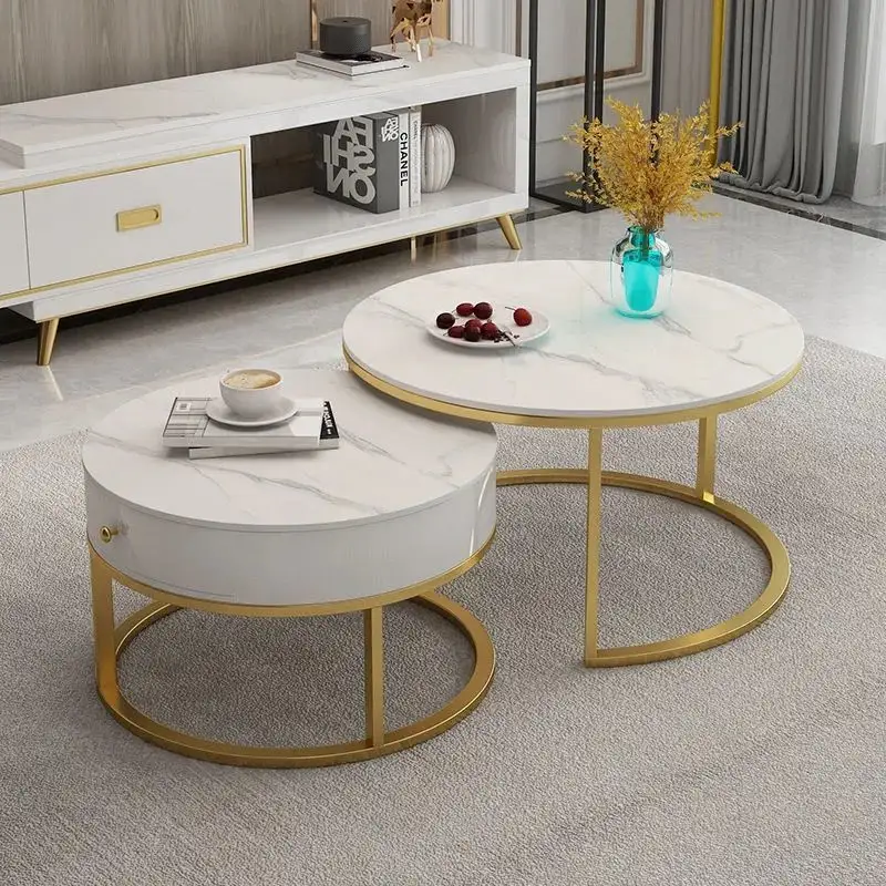 Gold Stainless Steel Round Marble Coffee Corner Table with Drawer / Mesa de centro