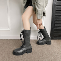Bottes mi-mollet en cuir lavé style rétro pour femmes Gleibo, à lacets sur le devant, talon épais, tendance, vente chaude, bottes populaires