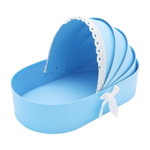 Boîte en carton en forme de berceau pour bébé, bleue, 14,3x8,5x3,2 pouces, pelliculage mat, biodégradable, fermeture magnétique, pour baby shower - Product Image 1