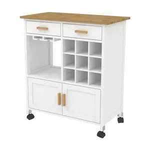 2024 Custom White Rolling mobile wheels wooden serving trolley kitchen island cart with wine rack and glass holder