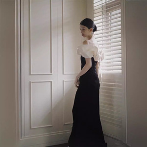 Off The Shoulder Black Mermaid Evening Dress With Ruffle Sleeves Slim Fit For Women - Product Image 3