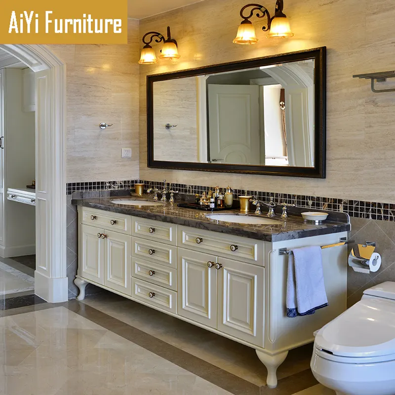 AIYI luxury Nordic vanity wooden panel bathroom cabinet with mirror double basin wash counter bathroom cabinet