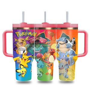 <b>Large</b> Capacity Cute Cartoon Pokemoned Pattern Insulated Tumbler 304 Stainless Steel Outdoor Travel <b>Mug</b> with Handle and Straw - Product Image 4