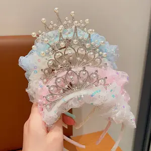 Baby Meisje Roze Blauwe Pailletten Tule Haarband Accessoires Glitter Kristallen Parel Feest Bruiloft Verjaardagsfeest Tiara Kroon Hoofdband