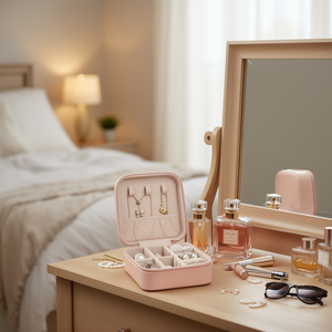 Étui à bijoux portable en cuir PU rose, mini boîte de rangement pour boucles d'oreilles, colliers, bagues, bracelets, femmes, filles - Product Image 2