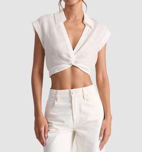 Maglietta estiva stile Casual da <span class=keywords><strong>donna</strong></span> a manica corta in <span class=keywords><strong>lino</strong></span> <span class=keywords><strong>100</strong></span>% intrecciata in <span class=keywords><strong>lino</strong></span> tinta unita Mini <span class=keywords><strong>camicia</strong></span> alla moda carina e comoda - Product Image 3