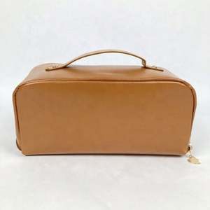 Recycle Brown Pu Leather <b>Cosmetic</b> <b>Bag</b> <b>Travel</b> Organizer Toiletry for Women <b>Large</b> <b>Capacity</b> Open Flat Makeup <b>Bags</b> - Product Image 2