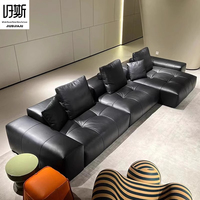 Canapé modulaire contemporain de luxe en cuir véritable italien noir avec pieds en bois massif et design sans dossier JIUSI J030