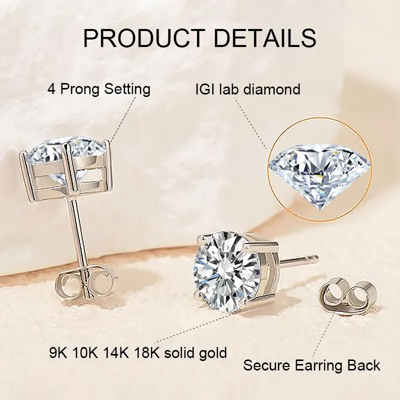 IGI CVD 0.3CT 0.5CT 1CT 2CT D VS1 14K Gold Four Claws Stud Classic Design Lab Grown Diamond Earring