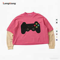 Sweat-shirt court à manches longues superposé 2-en-1 pour homme, imprimé manette de jeu, style streetwear décontracté pour gamers, 100 % coton