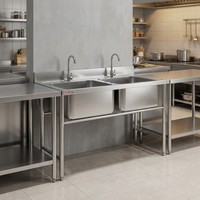 Évier de cuisine professionnel en acier inoxydable à double bac avec plan de travail pour projet de cuisine commerciale, évier à 2 compartiments