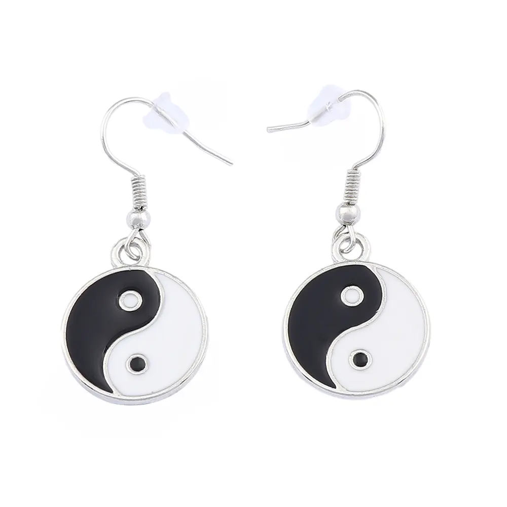 Mode Schwarz & Weiß Emaille Chinesisch Yin Yang Feng Shui baumeln Ohrringe für Frauen