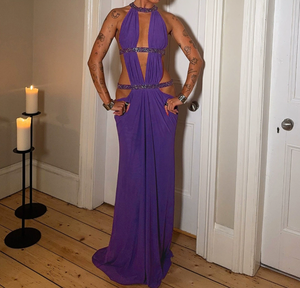 Viviblook Z1222DS01 Nouvelle robe élégante pour femmes, robe de soirée maxi sexy à dos nu, à sequins, à bretelles, à épaules dénudées, plissée - Product Image 1