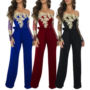 Vrouwen Sexy Rompertjes Vrouwen Bloemen Off Shoulder Kant Mesh Jumpsuits Lange Mouw Breed Been Sexy Plus Size Jumpsuit