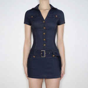 Vestido ajustado de manga corta con cuello en V, cinturón metálico, estilo vaquero, moda urbana, temperamento sexy, ropa de mujer - Product Image 5