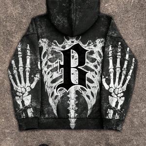 Nouveauté 2025 – Sweat à capuche zippé pour homme, style gothique vintage urbain, coupe oversize, imprimé numérique personnalisé, motif crâne, coupe courte et carrée - Product Image 2