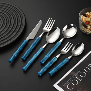 Juego de cubiertos de acero inoxidable 304 con diseño de bambú acrílico para carne, postre, sopa, cuchara, tenedor, cuchillo, duradero, para fiestas. - Product Image 1