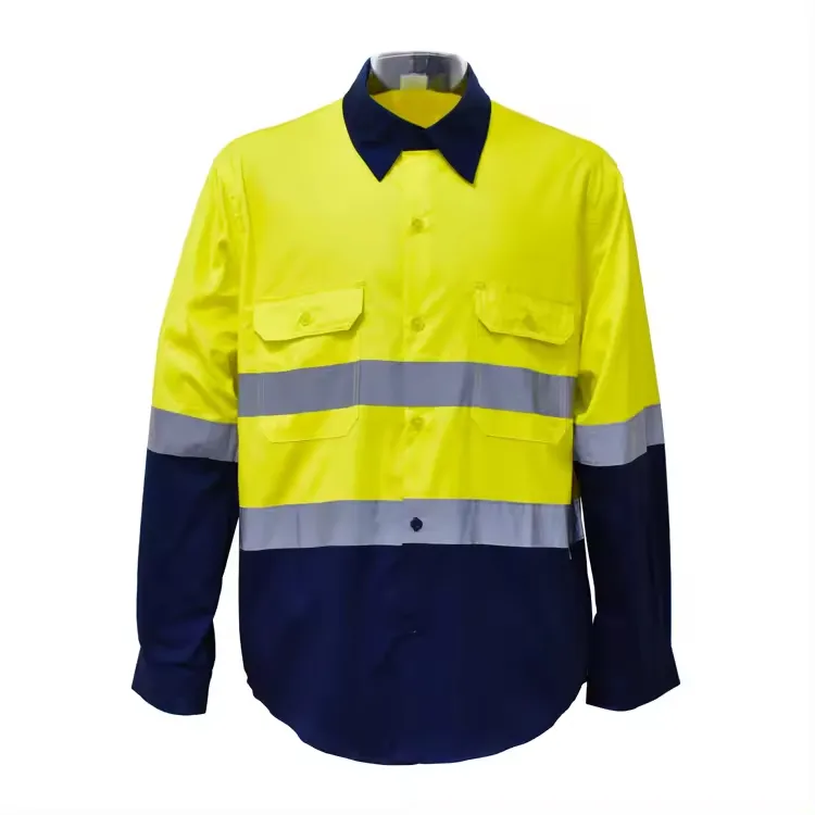 100% Cotton Long Sleeves Hi Vis t Shirt Safety Clothing Tape Reflective Yellow Shirt And Workwear Uniform For Unisex