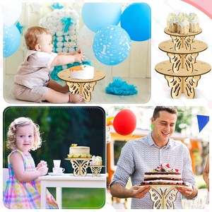 Wooden Butterfly Cake <b>Stand</b> Round Natural Wood Color Birthday Party Dessert Display Desktop Standing 1 <b>Pc</b> Handmade - Product Image 4