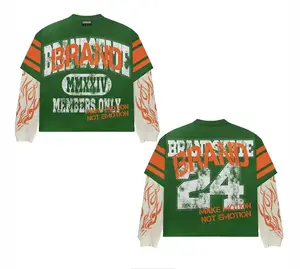 Custom Distressed Vintage Hiphop 2-In-1 Dubbellaags T-Shirt Met Lange Mouwen Plus Size Zeefdruk Katoen Afbeelding Voor Heren