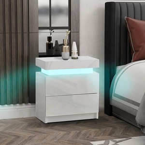 <span class=keywords><strong>Table</strong></span> de chevet blanche haute brillance, meuble de chambre à coucher en bois avec éclairage LED, <span class=keywords><strong>table</strong></span> d'appoint - Product Image 4