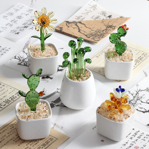 Adorno de cristal, simulación de cactus suculento en maceta, mini flor artesanal de cristal para oficina, venta al por mayor - Product Image 1