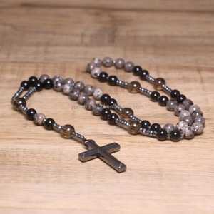 Collar de Rosario Católico de Piedra Natural Ojo de Tigre con Colgante de Cruz de Hematita para Hombres y Mujeres, Joyería de Meditación - Product Image 4