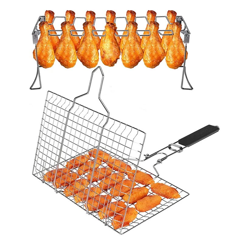 Cestello per grigliare il pesce pieghevole portatile con manico rimovibile cestino per griglia e griglia per bistecca di verdure