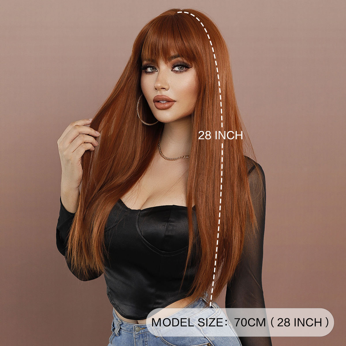 28 Inch Copper Brown Long Straight Wig Heat Resistant