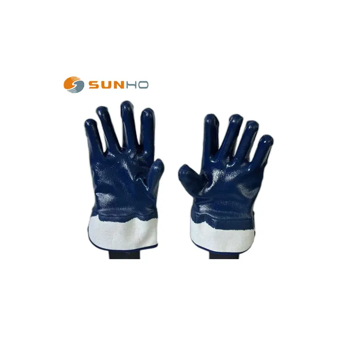 SunnyHope Nitrile Lined lint jersey liner bule nitrile coated gloves microflex chemical resistant gloves with safety cuff