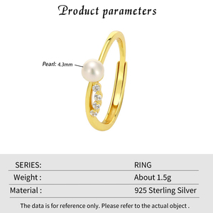 New Arrival: S925 Sterling <b>Silver</b> 4.3mm Freshwater Pearl and Zirconia Openwork <b>Adjustable</b> Fashion <b>Ring</b> - Product Image 6