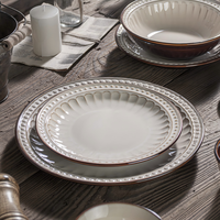 Service de table en céramique et porcelaine écologique, style vintage européen, gaufré, de luxe, rétro, sous glaçure, compatible lave-vaisselle, comprenant bols et assiettes, pour les fêtes