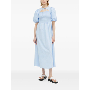 Vestido Midi LEDUO Personalizado, Elegante y Dulce, con Cuello Redondo, Lazo en el Escote, Mangas Abullonadas Azul Claro, Corte en A, para Mujer - Product Image 1
