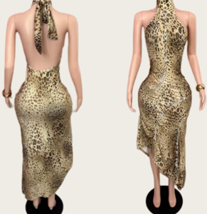 Robe Sexy Dos Nu Ajustée à Bretelles Irrégulière à Imprimé Léopard Viviblook Z522DS02 pour Femmes - Product Image 1