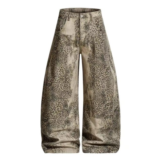OEM Custom 100% Cotton Waterproof Slim Fit High Waist Vintage Leopard Print Barrel Wide Leg Jeans