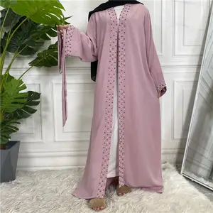 Arab Middle East Fashion Elegant Beaded Muslim Lace Cardigan Gown Women Large Size Cardigan Robe Islamic Clothing