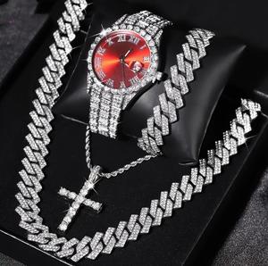 Set de 4 Relojes de Lujo para Hombre, Reloj de Pulsera con Brazalete Cubano Brillante, Collar <span class=keywords><strong>Croos</strong></span>, Reloj de Cuarzo con Diamantes Estilo Hip-Hop - Product Image 2