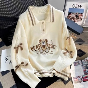 Venta al por mayor de suéter de estilo caliente de las mujeres patrón de dibujos animados de cuello redondo cómodo jerséis Turn-Down Collar Bow Pretty Winter Clothing - Product Image 6