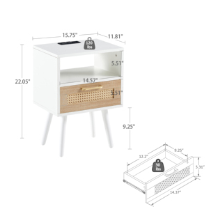 Modern Nightstand With <b>Drawer</b> And Rattan Front 15.75 In White <b>Side</b> <b>Table</b> For Bedroom Storage - Product Image 3