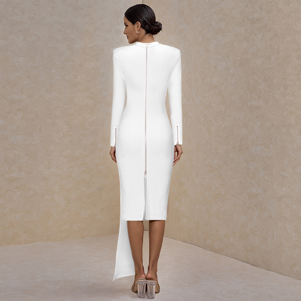 slim fit dress slacks High Quality V Neck Long Sleeves Bodycon Knee Length Pencil Dress Orange / M