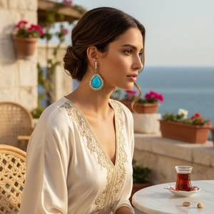 Authentic Silver Earring Water Drop Turquoise Stone Earring Turkish Wholesale 925 Sterling Silver Jewelry - Product Image 3