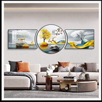 Tableau mural paysage de montagne en trois parties, panneaux en aluminium cristal doré et bleu pour salon, hôtel, intérieurs modernes