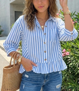 Camicetta Elegante a Righe da Donna, Nuovo Stile Primavera-Estate 2026, Casual con Bottoni e <span class=keywords><strong>Maniche</strong></span> a <span class=keywords><strong>Tre</strong></span> <span class=keywords><strong>Quarti</strong></span> - Product Image 1