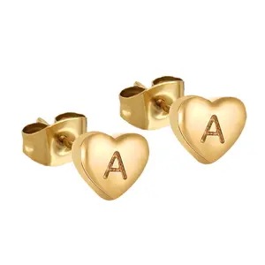 New Fashion Women Wholesale Stainless Steel 18k Plated Trendy 26 Letter Initial Heart Earrings for Girls