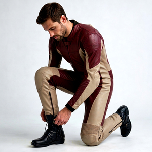 Traje de Motociclista de Cuero para Hombre, Color Borgoña y Beige, Chaqueta y Pantalones, Resistente al Viento, Manga Larga, para Todas las Temporadas - Product Image 1