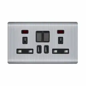 British Standard UK Socket, 2 Gang 13A Multi Socket With Neon Wall Socket With USB Port