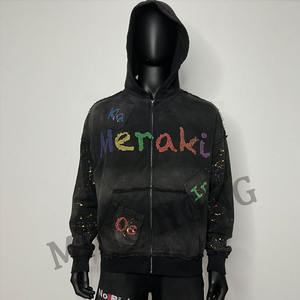 Custom Street Style Graffiti Splash Zip Pullover Vintage Washed Print Recortada Sudadera con capucha - Product Image 3