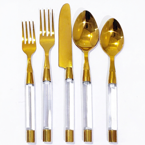 Ensemble de couverts en or en gros avec manche en Lucite et embout doré |   Couverts de luxe pour événements, mariages et promotions - Product Image 1