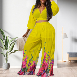 Conjunto de Dos Piezas de Alta Calidad para Mujer, Top Corto Informal con Estampado Floral y Pantalones Anchos, Moda Femenina - Product Image 3