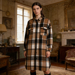 Camisa Larga a Cuadros para Mujer, Talla Grande, Estilo Retro Americano, con Botones, Largo hasta la Rodilla, Bolsillos Delanteros Dobles - Product Image 1